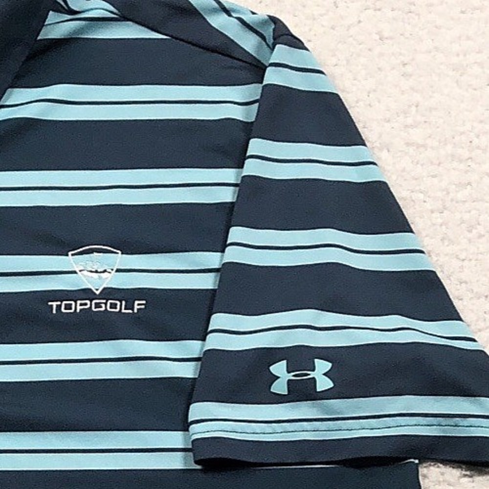 TOPGOLF Under Armour Golf Polo Mens M Loose Blue Stripe Heat Gear‎ Performance